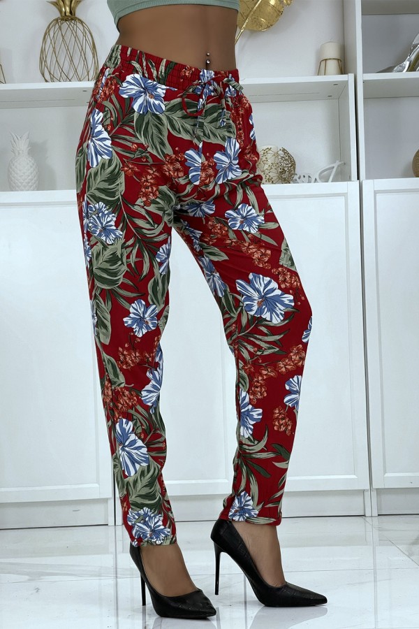 Pantalon fluide bordeaux à motif floral B-21 - 2