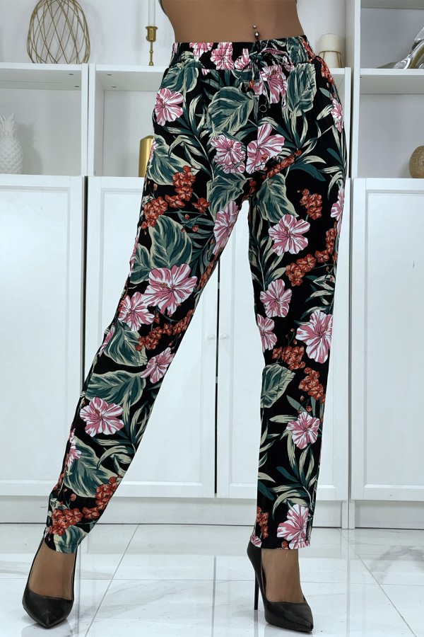 Pantalon fluide noir à motif floral B-21 - 2