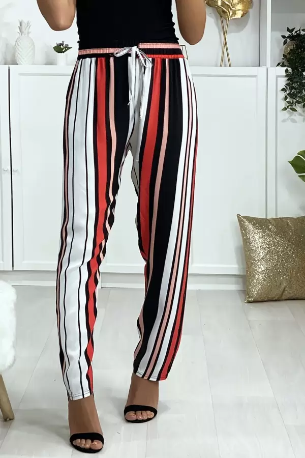 Calça listrada rosa vermelho branco em algodão - Bolsos