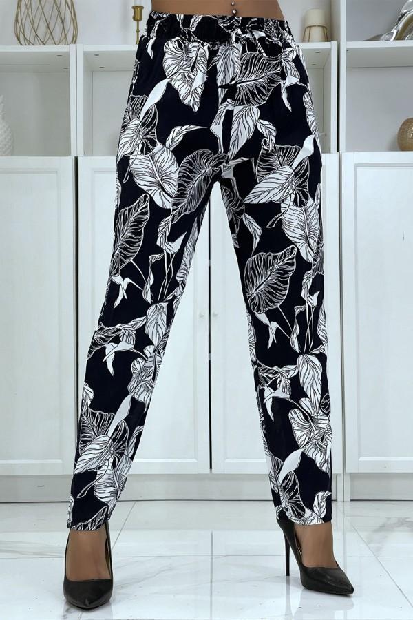 Pantalon fluide marine à motif floral B-31 - 1