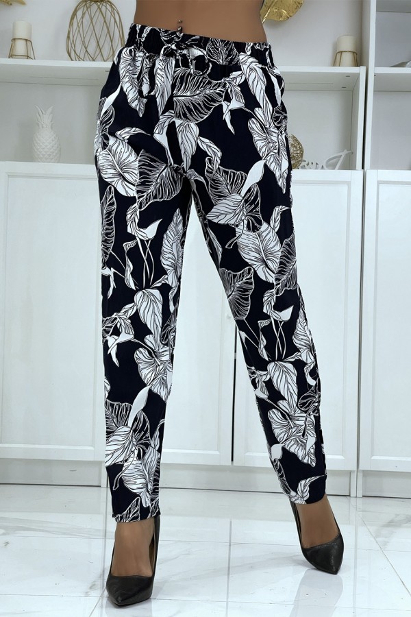 Pantalon fluide marine à motif floral B-31 - 3