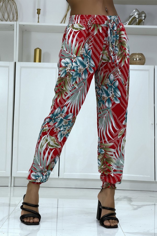 Pantalon fluide rouge à motif floral a-14 - 3