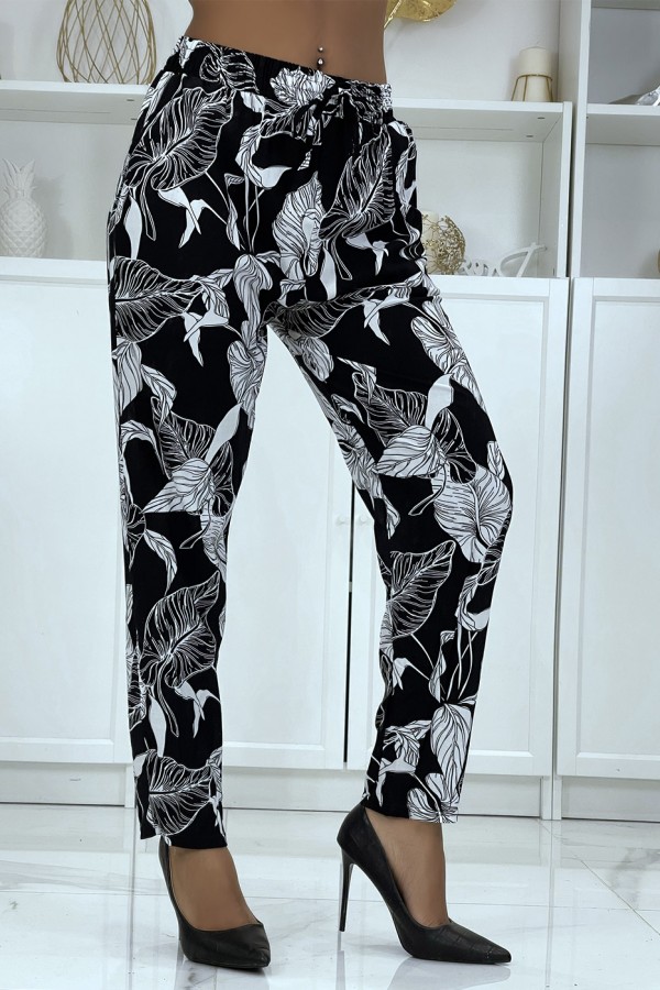 Pantalon fluide noir à motif floral B-31 - 3