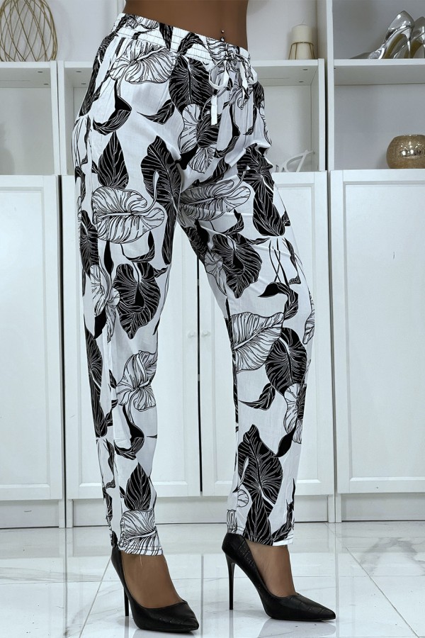 Pantalon fluide blanc à motif floral B-31 - 2