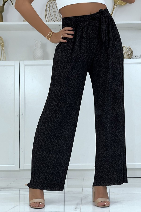 Pantalon palazzo plissé noir avec joli motif - 4