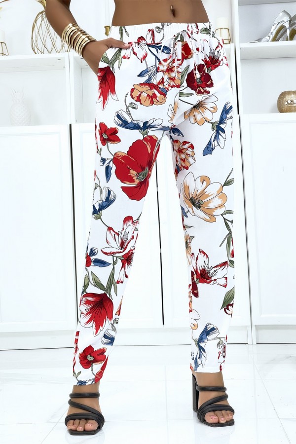 Pantalon blanc à motif floral, fluide élastique à la taille - 1