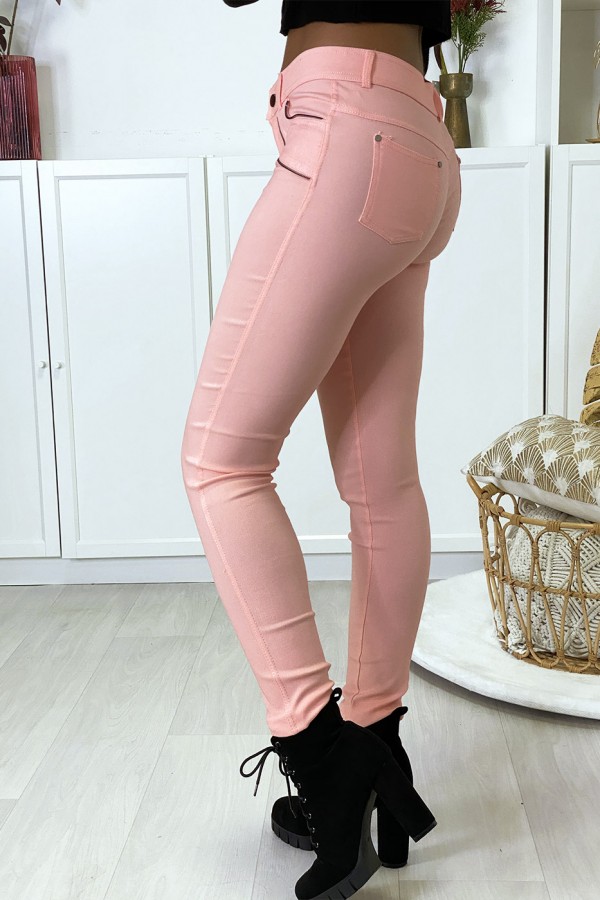 Pantalon slim rose en strech avec zip et suédine à l'avant - 4