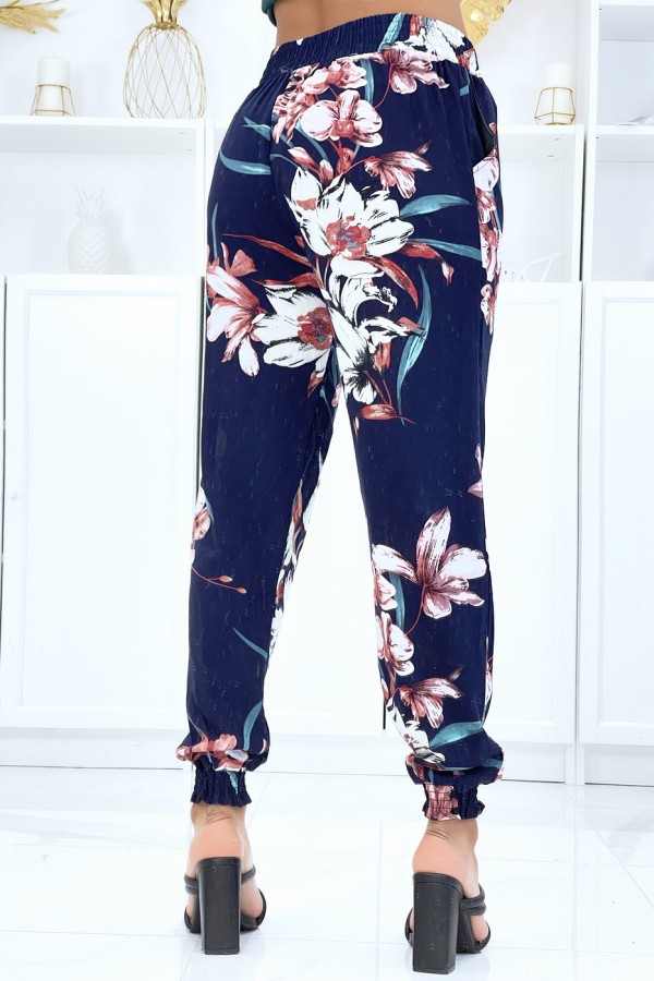 Pantalon marine à fleurs, fluide élastique à la taille et aux chevilles  - 4