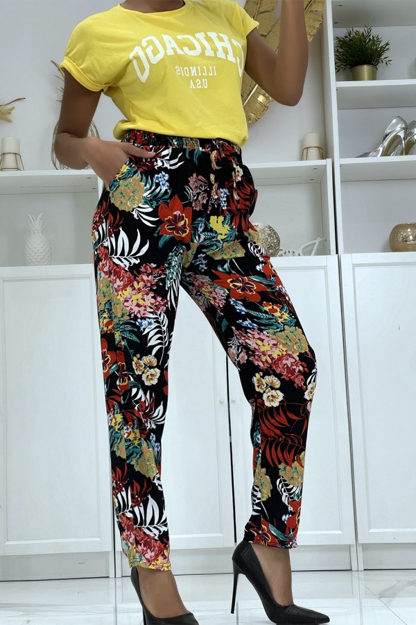 Pantalon fluide noir à motif floral B-59 - 1