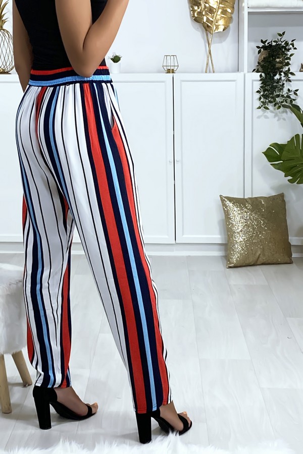 Pantalon rayé en coton bleu rouge blanc avec poches - 4