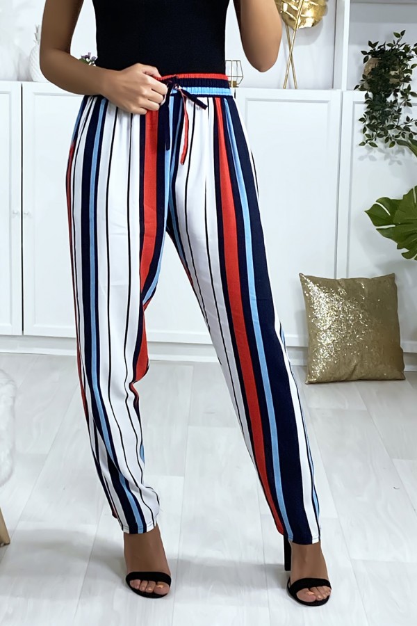 Pantalon rayé en coton bleu rouge blanc avec poches - 6