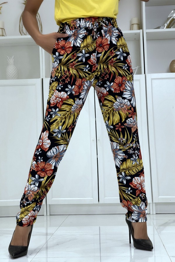 Pantalon fluide moutarde à motif floral B-59 - 2