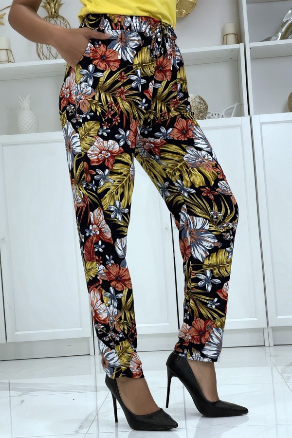 Pantalon fluide moutarde à motif floral B-59 - 3