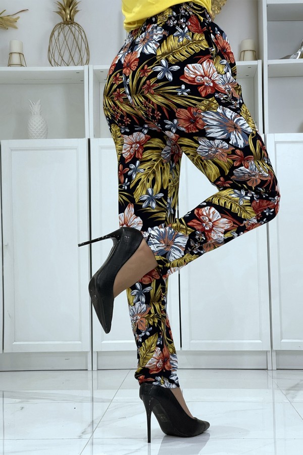 Pantalon fluide moutarde à motif floral B-59 - 4