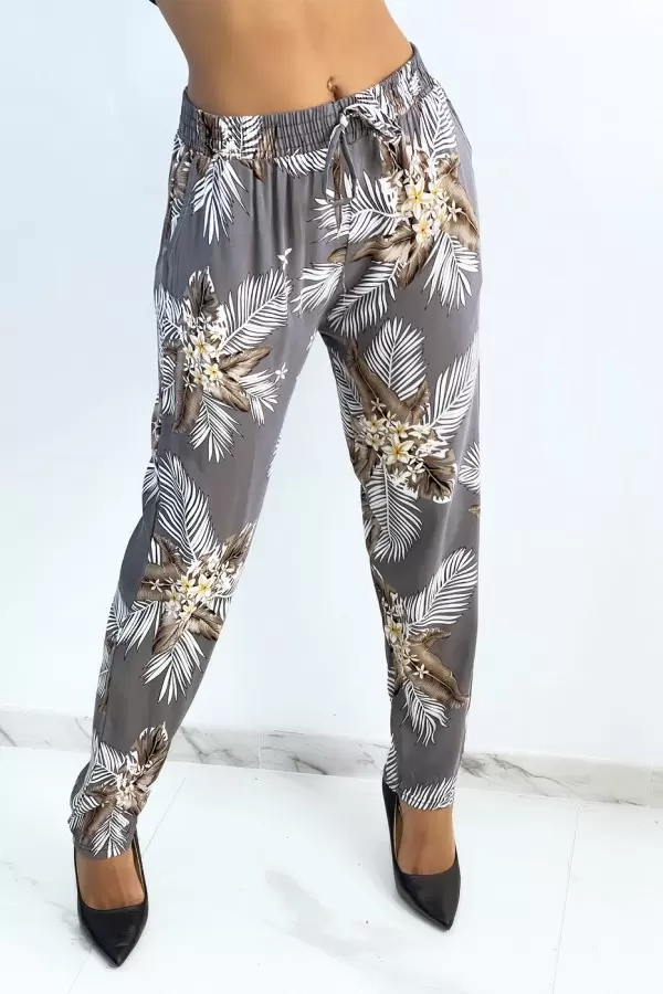 Pantalon fluide gris à imprimé feuillage et fleuri - 3