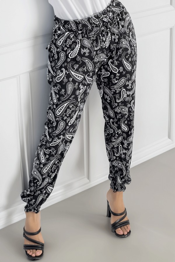 Pantalon fluide noir à motif aztèque avec joli noeud à la taille - 1