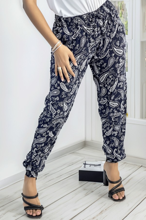 Pantalon fluide marine à motif aztèque avec joli noeud à la taille - 1