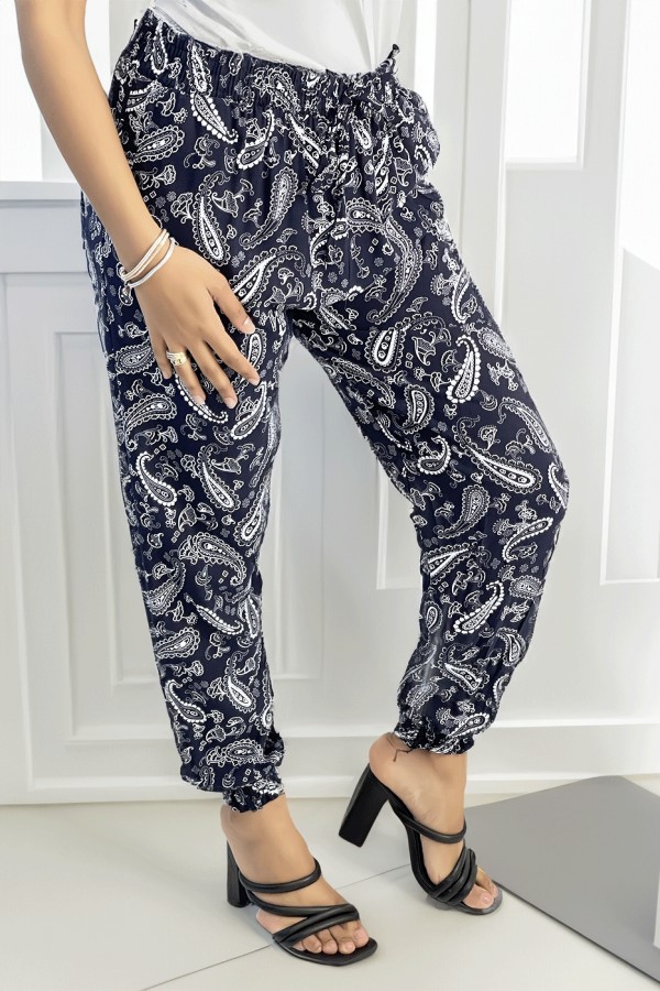 Pantalon fluide marine à motif aztèque avec joli noeud à la taille - 2