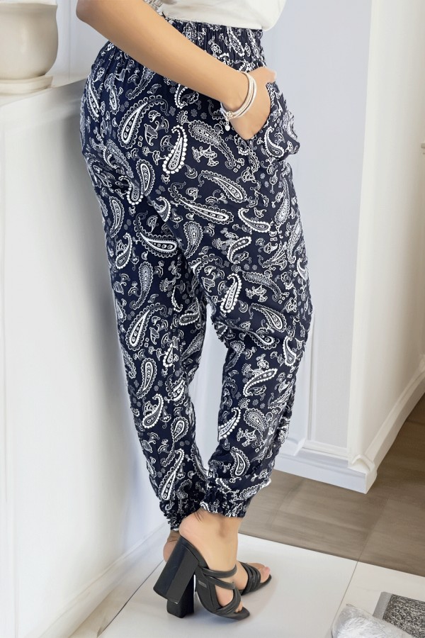 Pantalon fluide marine à motif aztèque avec joli noeud à la taille - 3