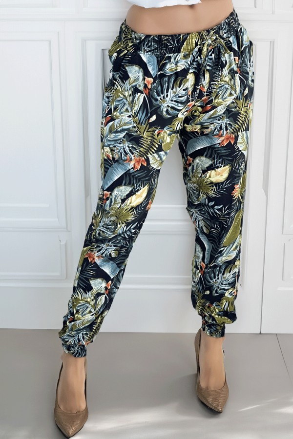 Pantalon fluide marine à motif tropical multicolore - 1