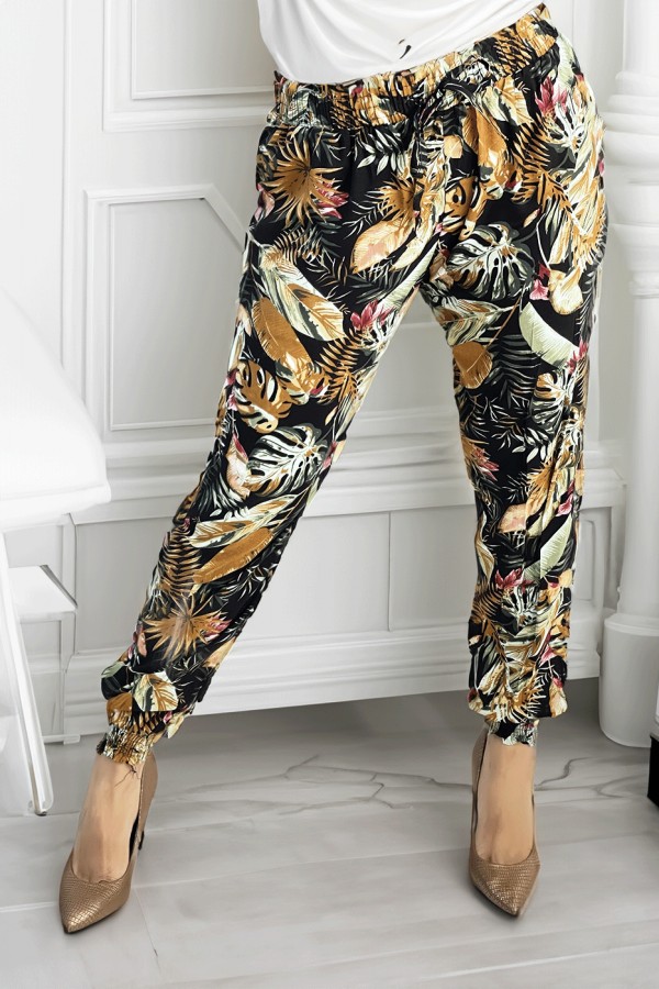 Pantalon fluide noir à motif tropical multicolore - 1