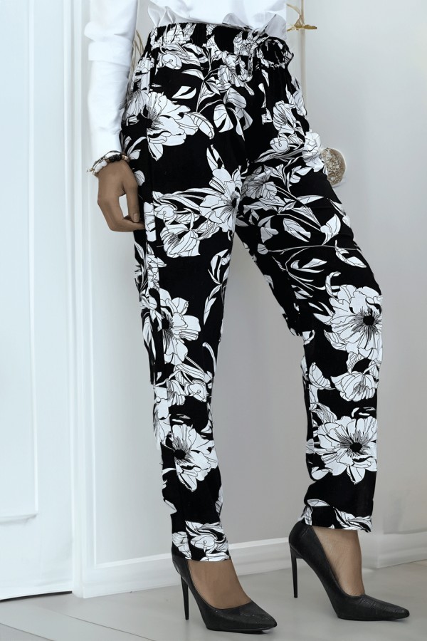 Pantalon fluide marine à motif floral B-54 - 2