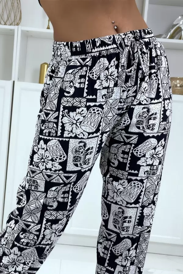 Pantalon fluide marine à motif ethnique A-21 - 4