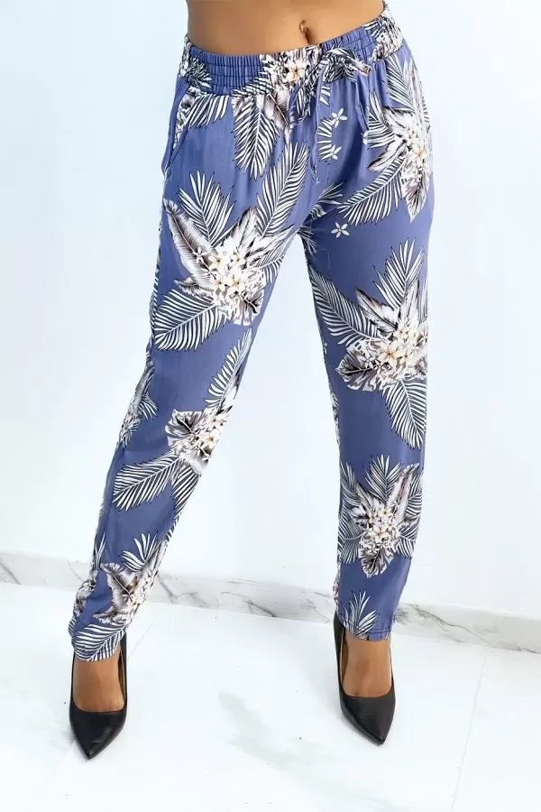 Indigo Floral and Foliage Print Flowy Pants