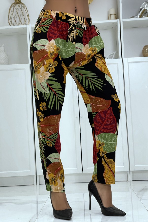 Pantalon fluide noir/moutarde à motif floral B-24 - 3