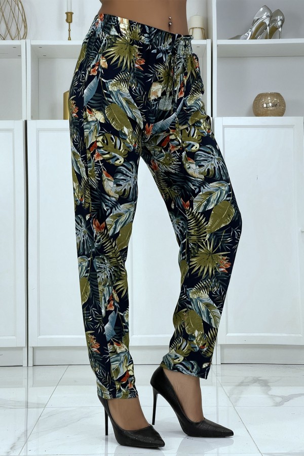 Pantalon fluide marine à motif floral B-23 - 2