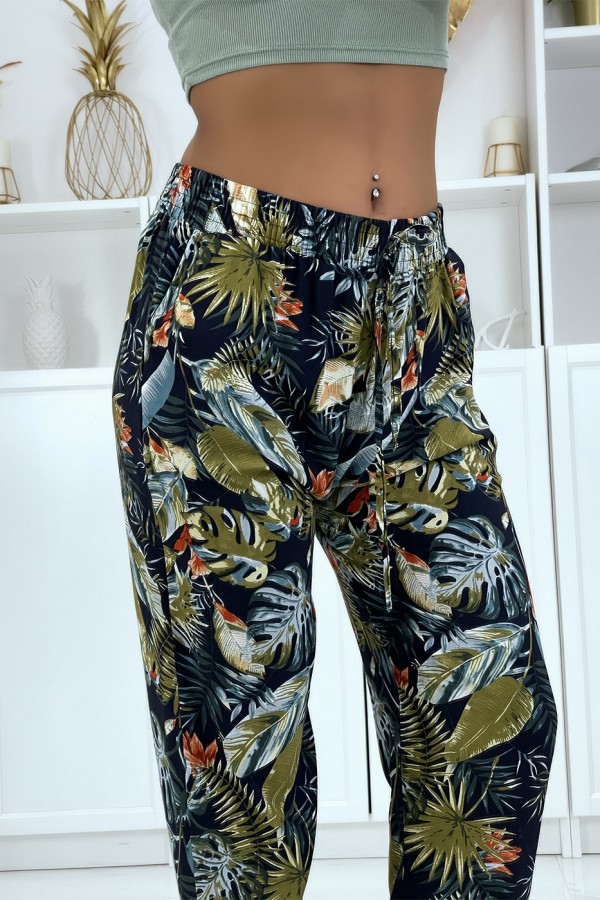 Pantalon fluide marine à motif floral B-23 - 3