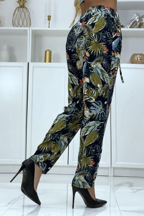 Pantalon fluide marine à motif floral B-23 - 4