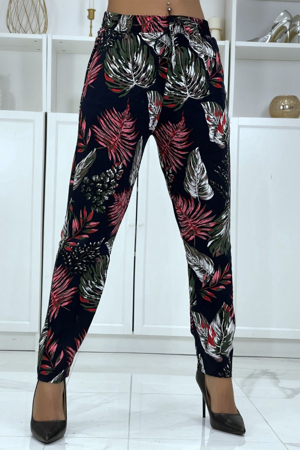 Pantalon fluide marine à motif floral B-15 - 1