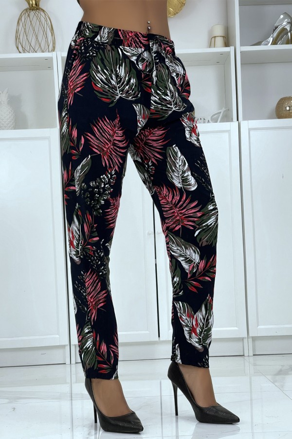 Pantalon fluide marine à motif floral B-15 - 2