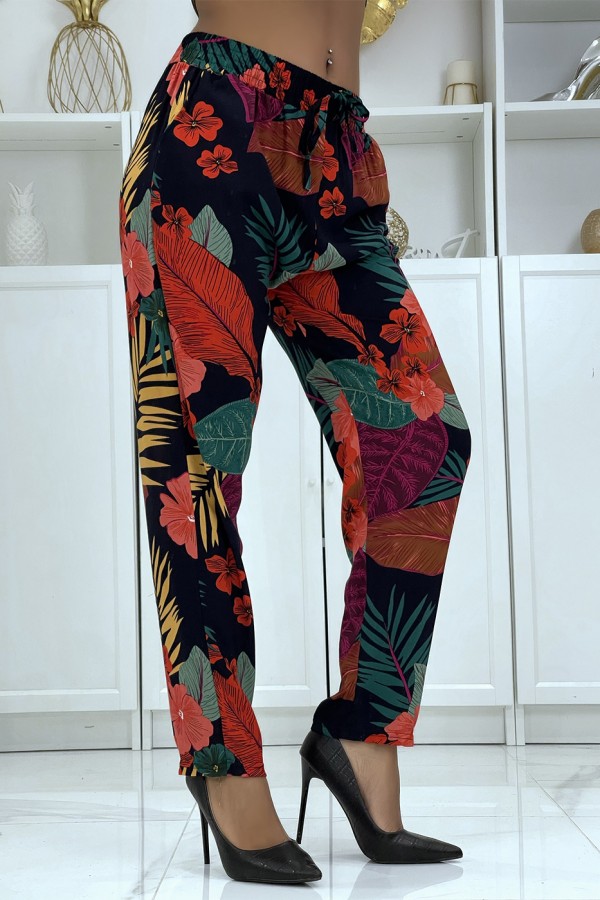 Pantalon fluide noir/rouge à motif floral B-24 - 1