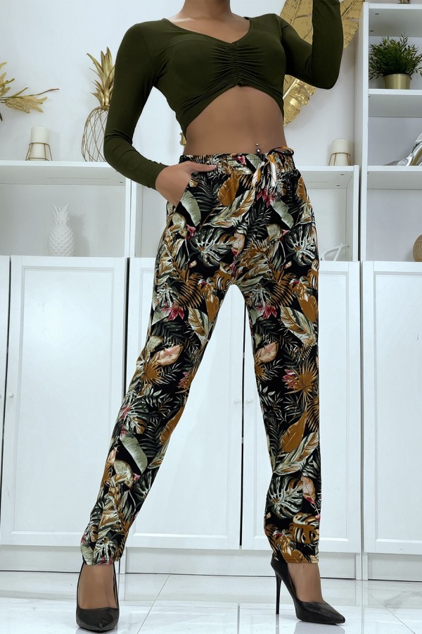 Pantalon fluide noir à motif floral B-23 - 1