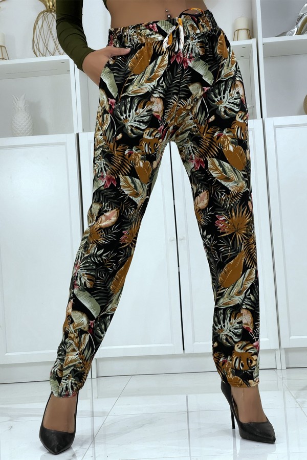 Pantalon fluide noir à motif floral B-23 - 2