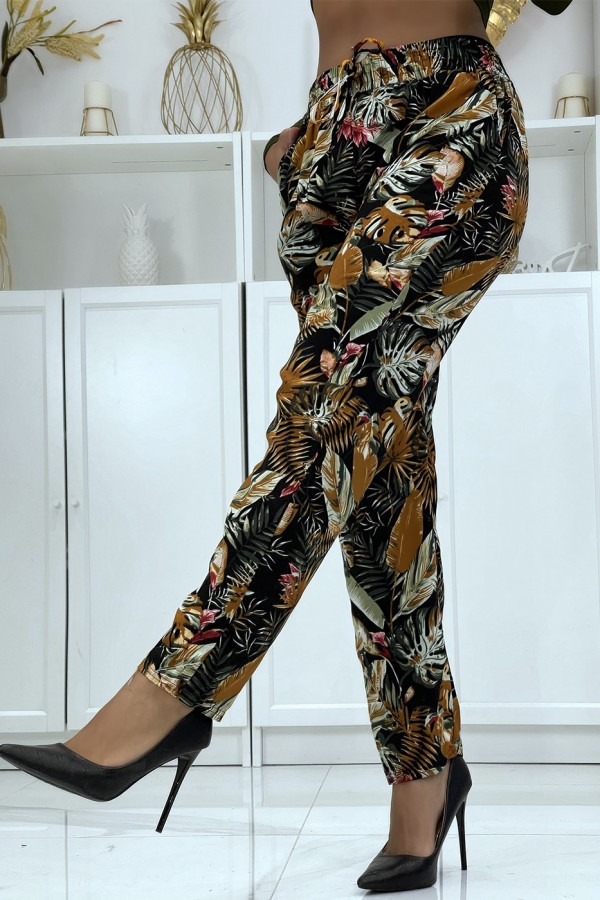 Pantalon fluide noir à motif floral B-23 - 3