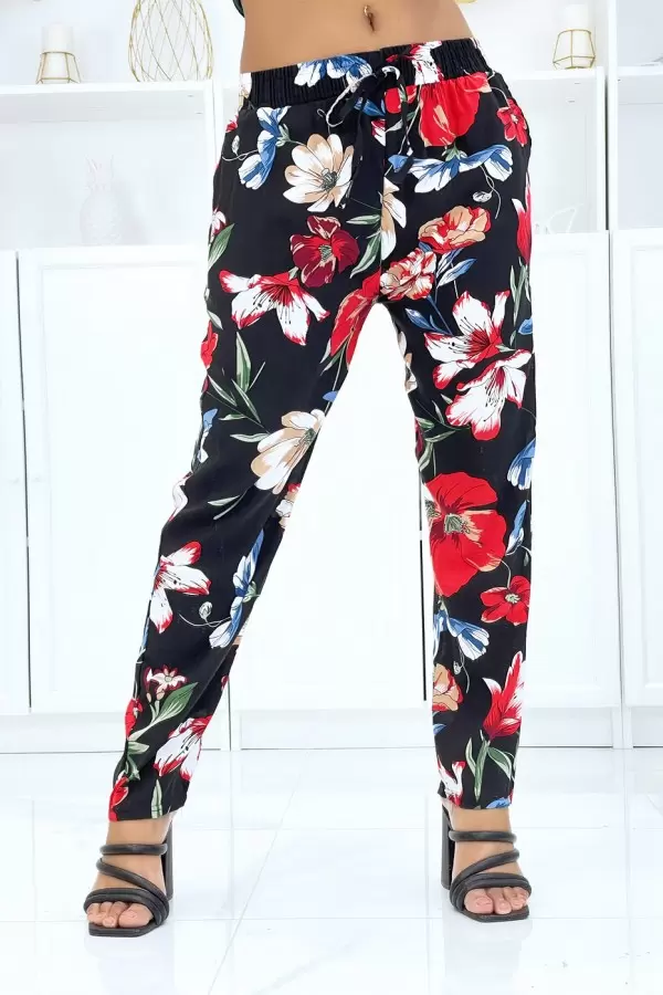 Black Floral Patterned Elastic Waist Flowy Pants