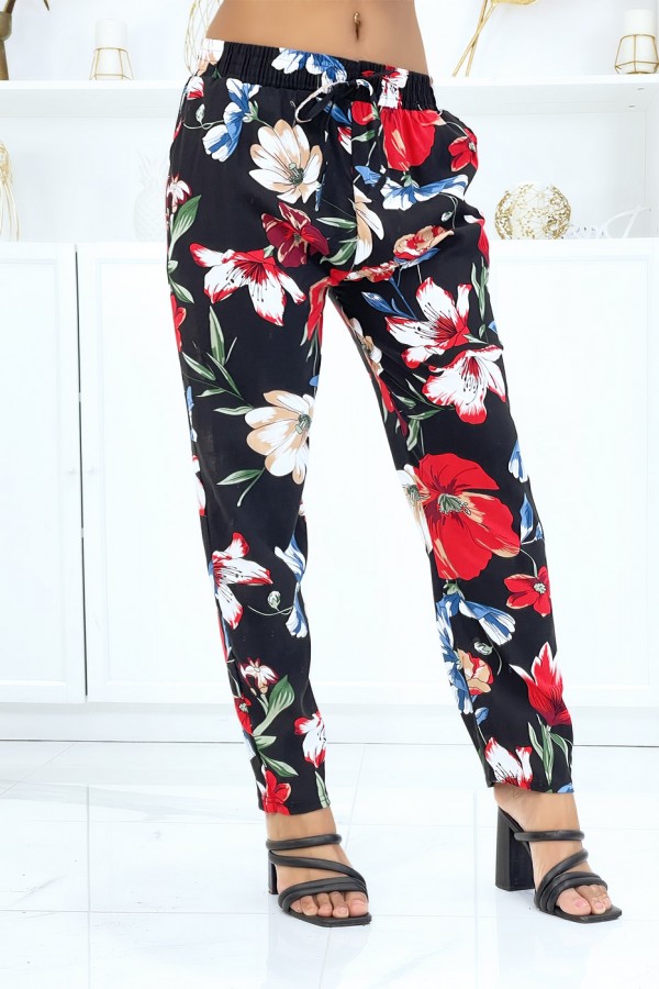 Pantalon noir à motif floral, fluide élastique à la taille - 2