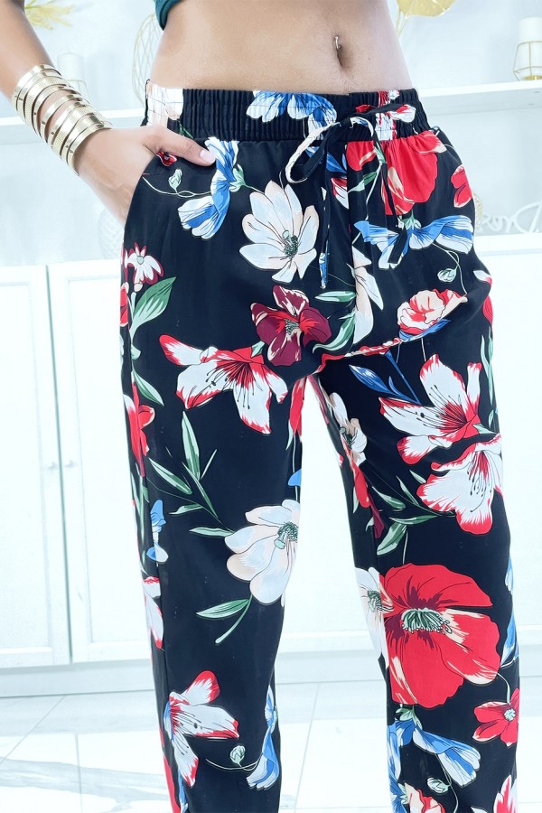 Pantalon noir à motif floral, fluide élastique à la taille - 4