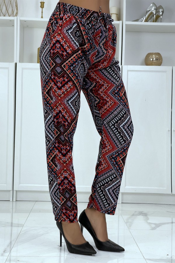 Pantalon fluide marine/rouge à motif floral B-55 - 2