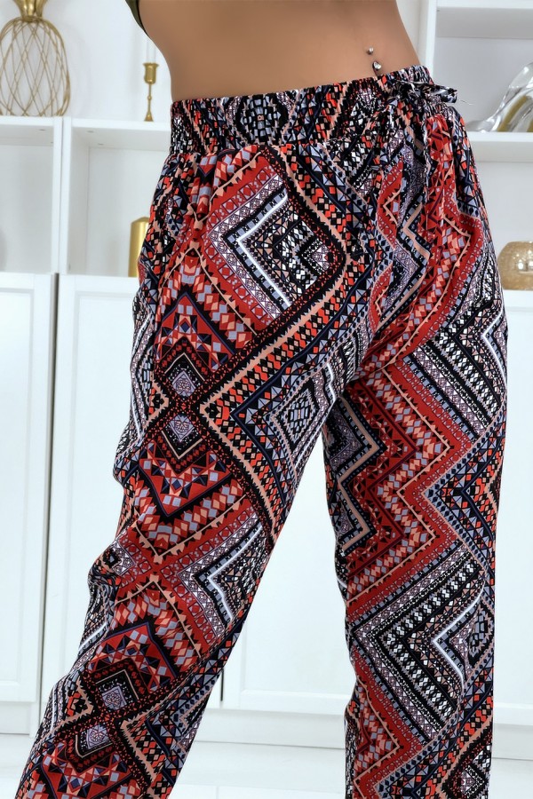 Pantalon fluide marine/rouge à motif floral B-55 - 4