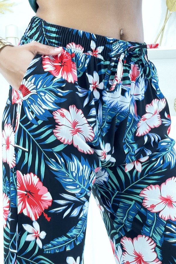 Pantalon noir à motif floral, fluide élastique à la taille et aux chevilles  - 4