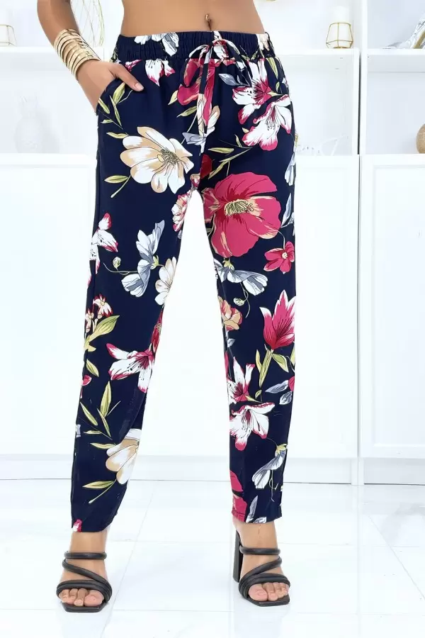 Pantalon marine à motif floral, fluide élastique à la taille - 1