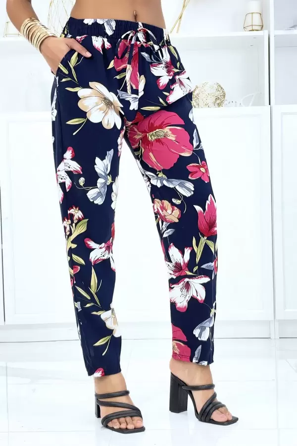 Pantalon marine à motif floral, fluide élastique à la taille - 2