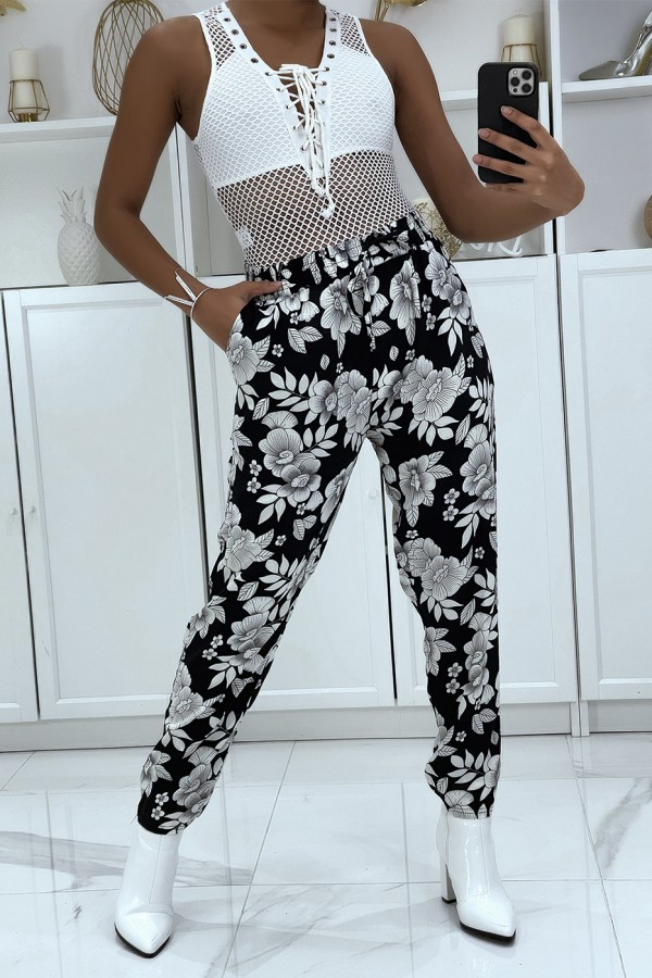 Pantalon fluide noire à motif floral B-60 - 3