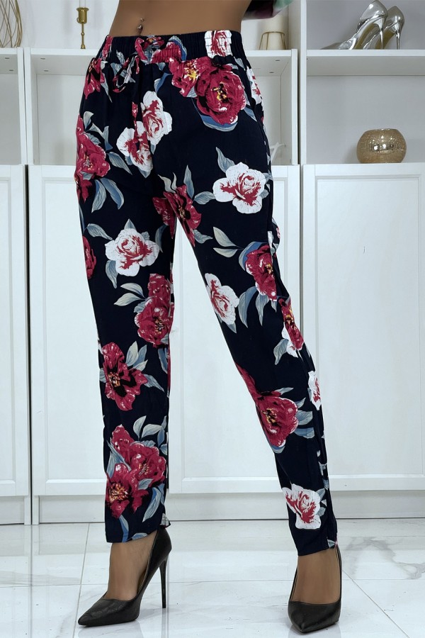 Pantalon fluide marine à motif floral B-11 - 3