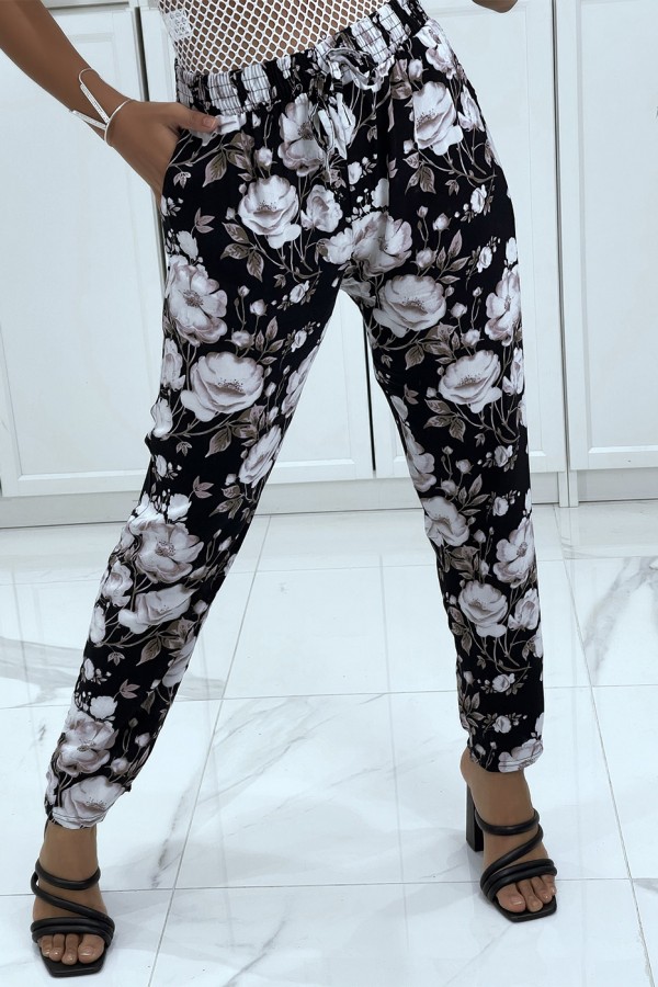 Pantalon fluide gris à motif floral B-60 - 3