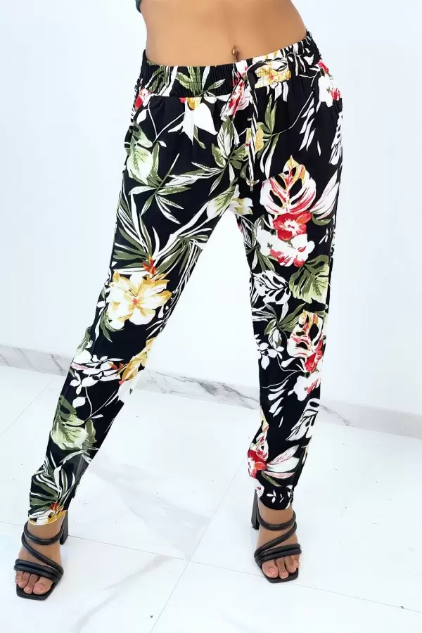 Pantalon évasé noir avec magnifiques fleurs colorées